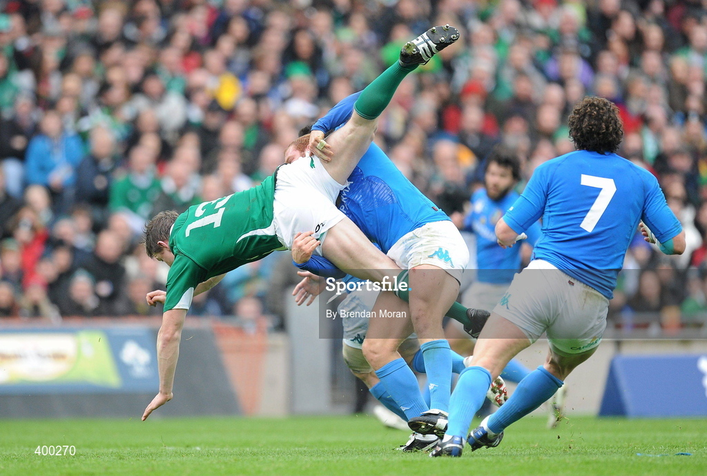 6 February 2010; Brian O’Driscoll, Ireland, is tackled by Gonzalo Garcia, Italy, who was subsequently sin-binned. RBS Six Nations Rugby Championship, Ireland v Italy, Croke Park, Dublin. Picture credit: Brendan Moran / SPORTSFILE