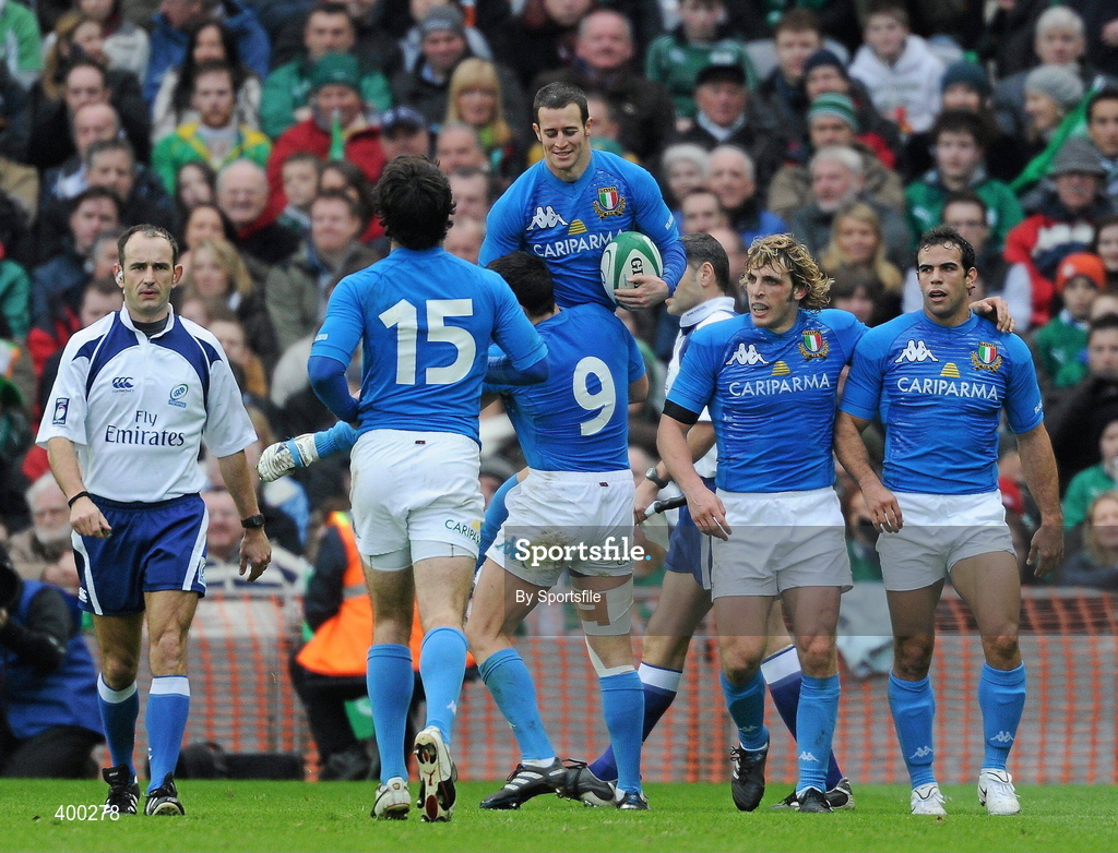 6 February 2010; Italy players celebrate after scoring their first try. RBS Six Nations Rugby Championship, Ireland v Italy, Croke Park, Dublin. Photo by Sportsfile
