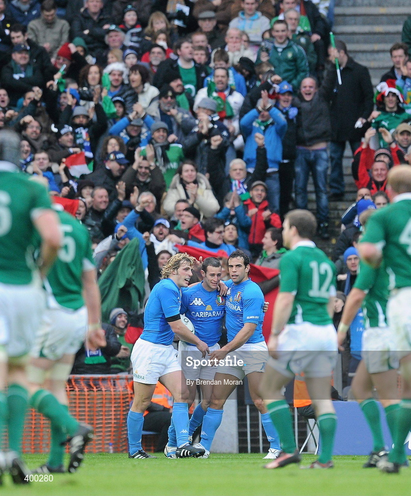 6 February 2010; Kaine Robertson, centre, Italy, is congratulated by team mates after scoring his side's first try. RBS Six Nations Rugby Championship, Ireland v Italy, Croke Park, Dublin. Picture credit: Brendan Moran / SPORTSFILE