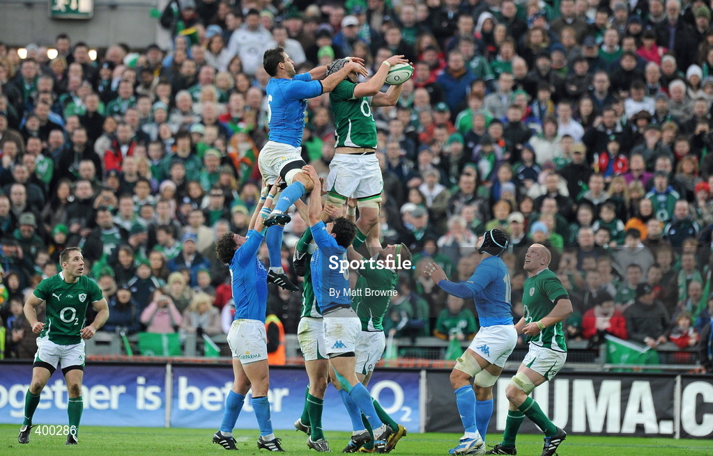 6 February 2010; Kevin McLaughlin, Ireland, takes the ball in the lineout against Josh Sole, Italy. RBS Six Nations Rugby Championship, Ireland v Italy, Croke Park, Dublin. Picture credit: Matt Browne / SPORTSFILE