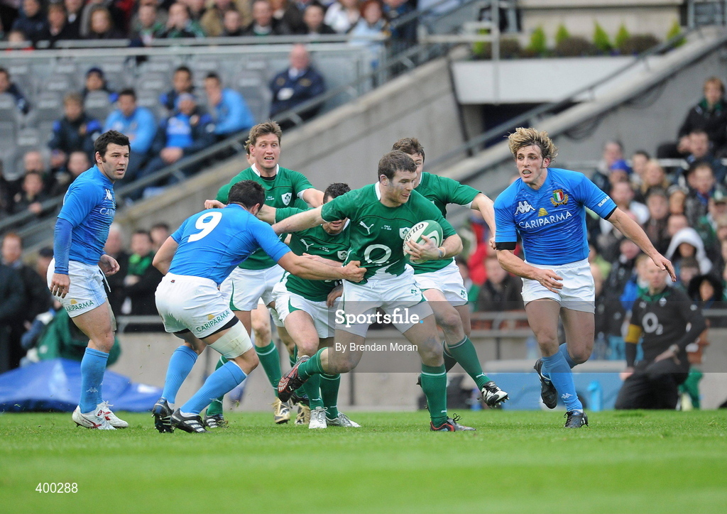 6 February 2010; Gordon D’Arcy, Ireland, is tackled by Tito Tebaldi, Italy. RBS Six Nations Rugby Championship, Ireland v Italy, Croke Park, Dublin. Picture credit: Brendan Moran / SPORTSFILE