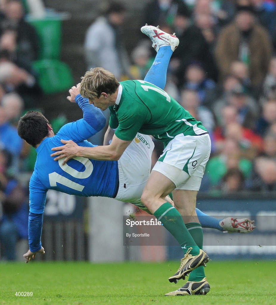 6 February 2010; Craig Gowerr, Italy, is tackled by Andrew Trimble, Ireland. RBS Six Nations Rugby Championship, Ireland v Italy, Croke Park, Dublin. Photo by Sportsfile