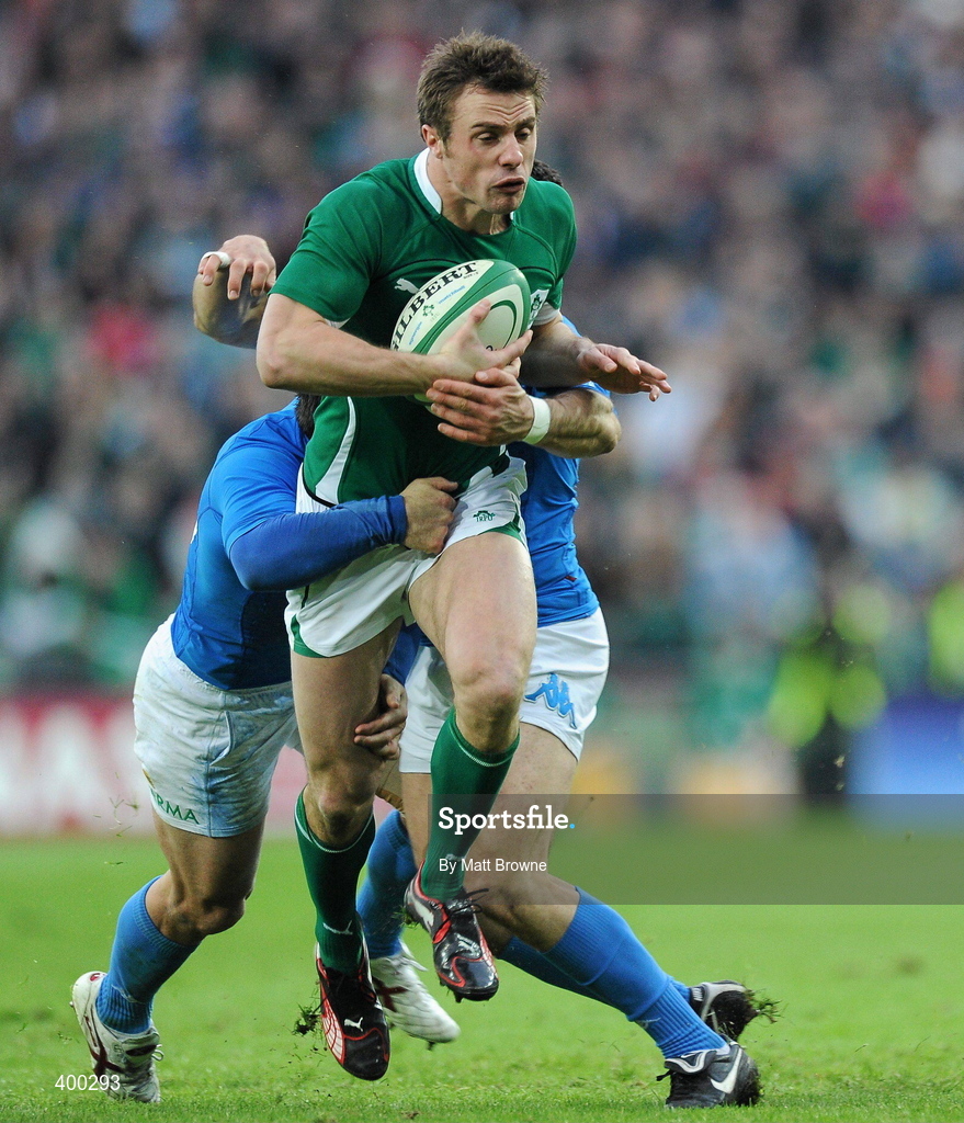 6 February 2010; Tommy Bowe, Ireland, is tackled by Craig Gowerr and Andrea Masi, Italy. RBS Six Nations Rugby Championship, Ireland v Italy, Croke Park, Dublin. Picture credit: Matt Browne / SPORTSFILE