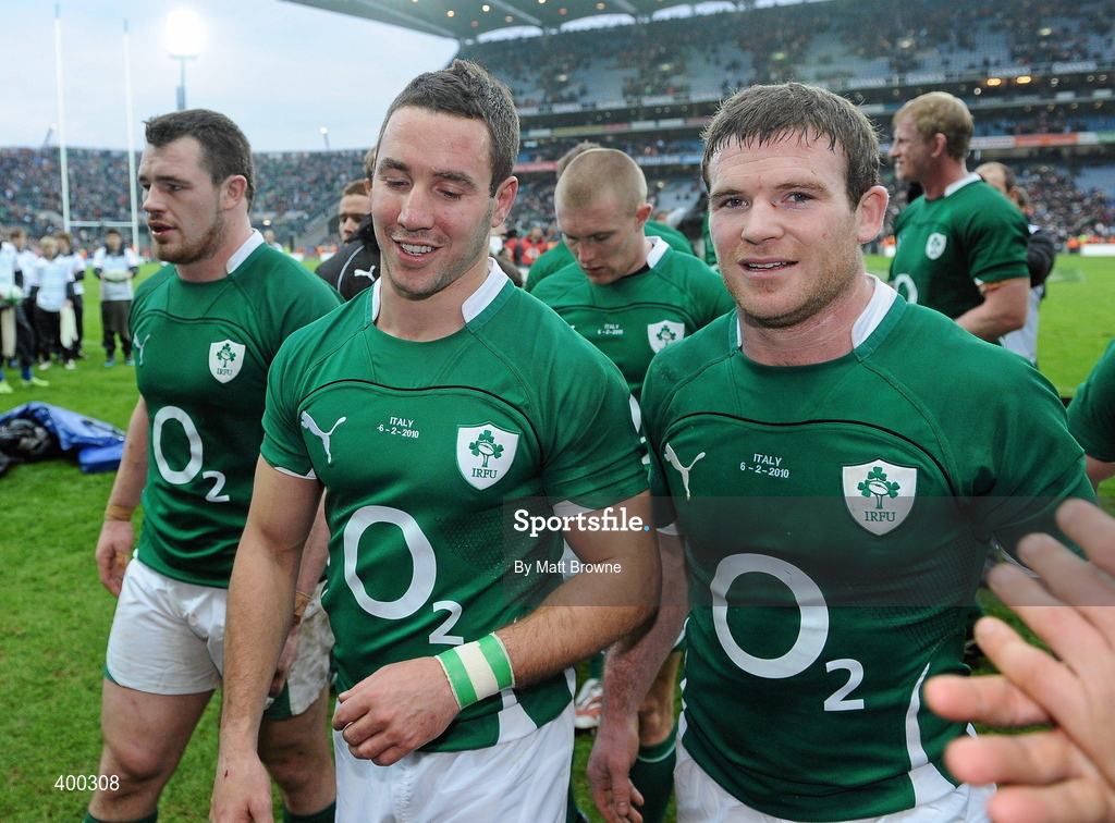 6 February 2010; Ireland's Gordon D'Arcy, Paddy wallace and Cian Healy after the game. RBS Six Nations Rugby Championship, Ireland v Italy, Croke Park, Dublin. Picture credit: Matt Browne / SPORTSFILE