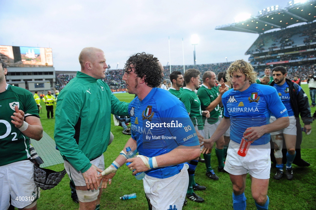 6 February 2010; Ireland's Paul O'Connell and Italy's Mauro Bergamasco after the game. RBS Six Nations Rugby Championship, Ireland v Italy, Croke Park, Dublin. Picture credit: Matt Browne / SPORTSFILE