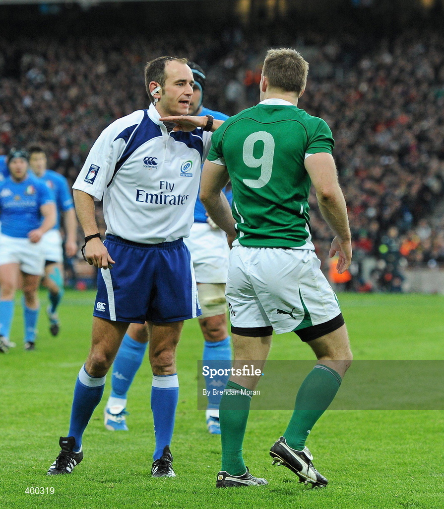 6 February 2010; Referee Romain Poite talks to scrum-half Tomas O’Leary, Ireland, about a high tackle. RBS Six Nations Rugby Championship, Ireland v Italy, Croke Park, Dublin. Picture credit: Brendan Moran / SPORTSFILE