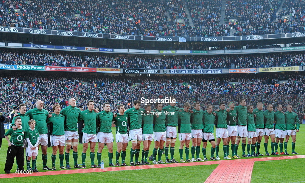 6 February 2010; The Ireland team stand for the National Anthem before the game. RBS Six Nations Rugby Championship, Ireland v Italy, Croke Park, Dublin. Picture credit: Brendan Moran / SPORTSFILE