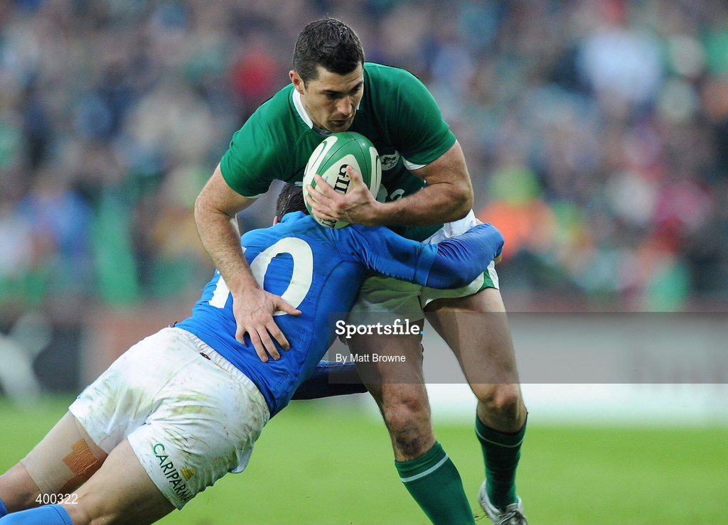 6 February 2010; Rob Kearney, Ireland, is tackled by Craig Gowerr, Italy. RBS Six Nations Rugby Championship, Ireland v Italy, Croke Park, Dublin. Picture credit: Matt Browne / SPORTSFILE
