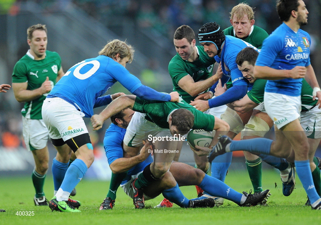 6 February 2010; Gordon D'Arcy, Ireland, is tackled by Fabio Ongaro and Simone Picone, Italy. RBS Six Nations Rugby Championship, Ireland v Italy, Croke Park, Dublin. Picture credit: Matt Browne / SPORTSFILE