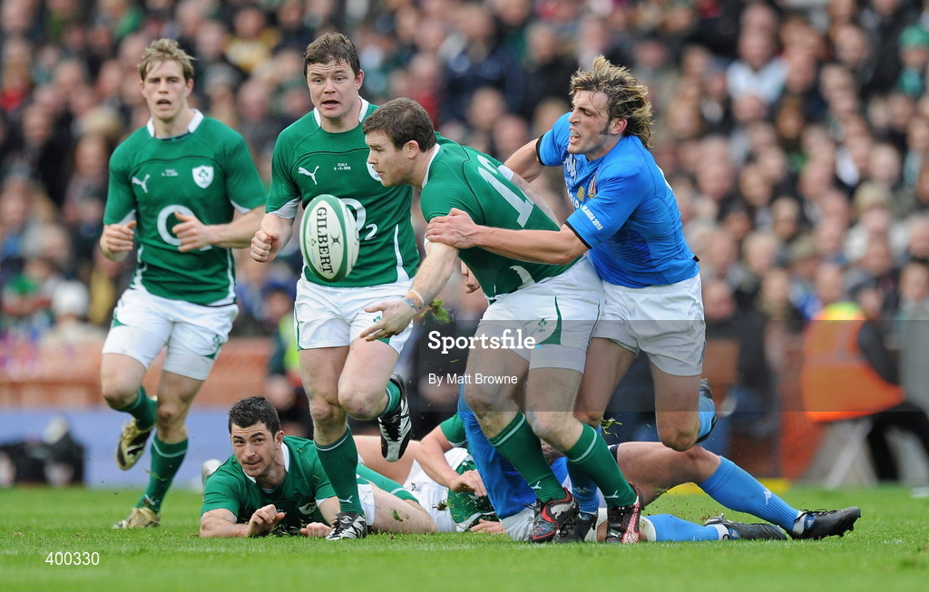 6 February 2010; Gordon D'Arcy, Ireland, is tackled by Marco Bergamasco and Tito Tebalsi, Italy. RBS Six Nations Rugby Championship, Ireland v Italy, Croke Park, Dublin. Picture credit: Matt Browne / SPORTSFILE