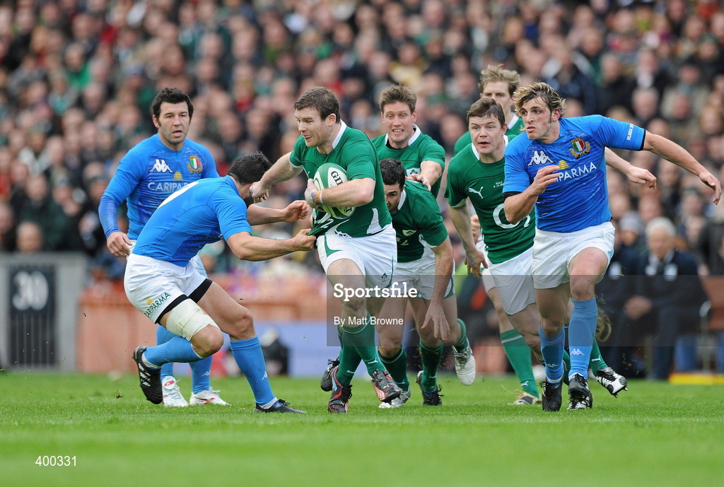 6 February 2010; Gordon D'Arcy, Ireland, is tackled by Tito Tebaldi, Italy. RBS Six Nations Rugby Championship, Ireland v Italy, Croke Park, Dublin. Picture credit: Matt Browne / SPORTSFILE