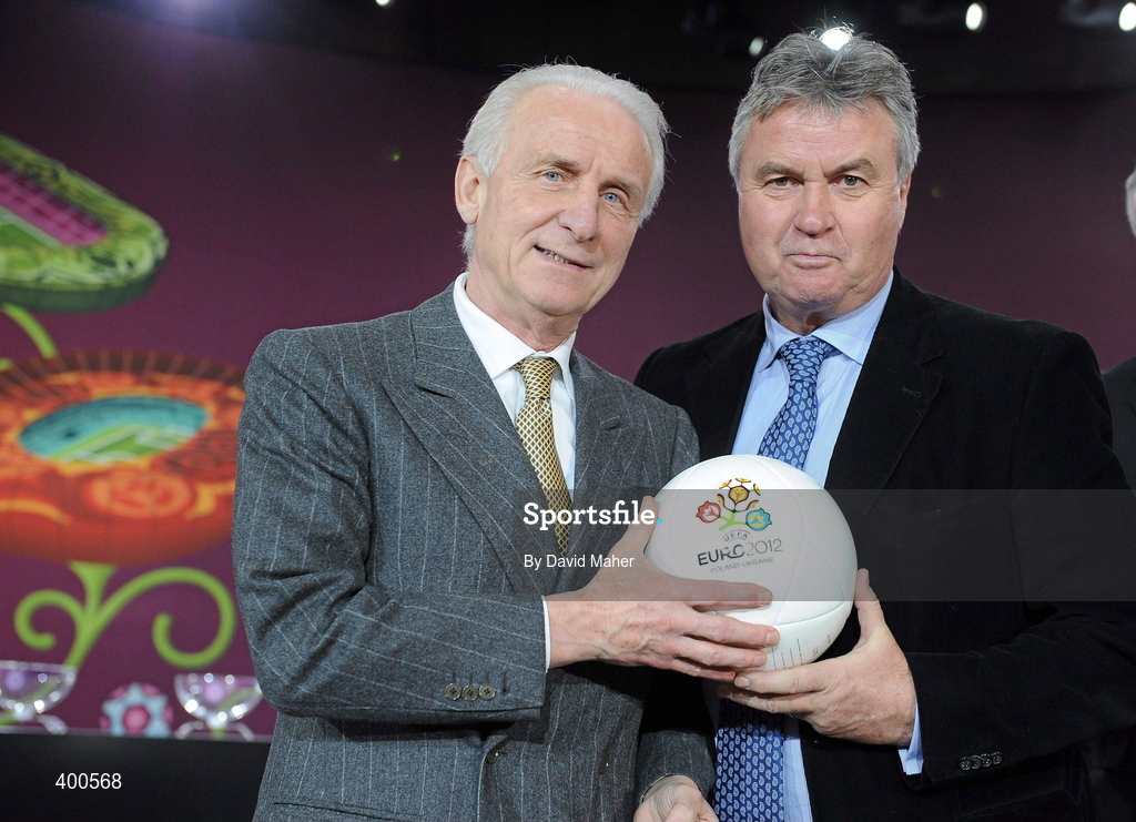 7 February 2010; Republic of Ireland manager Giovanni Trapattoni with Russian head coach Guus Hiddink at the end of the UEFA European Championship Qualifying Draw. Warsaw's Palace of Culture and Science, Warsaw, Poland. Picture credit: David Maher / SPORTSFILE