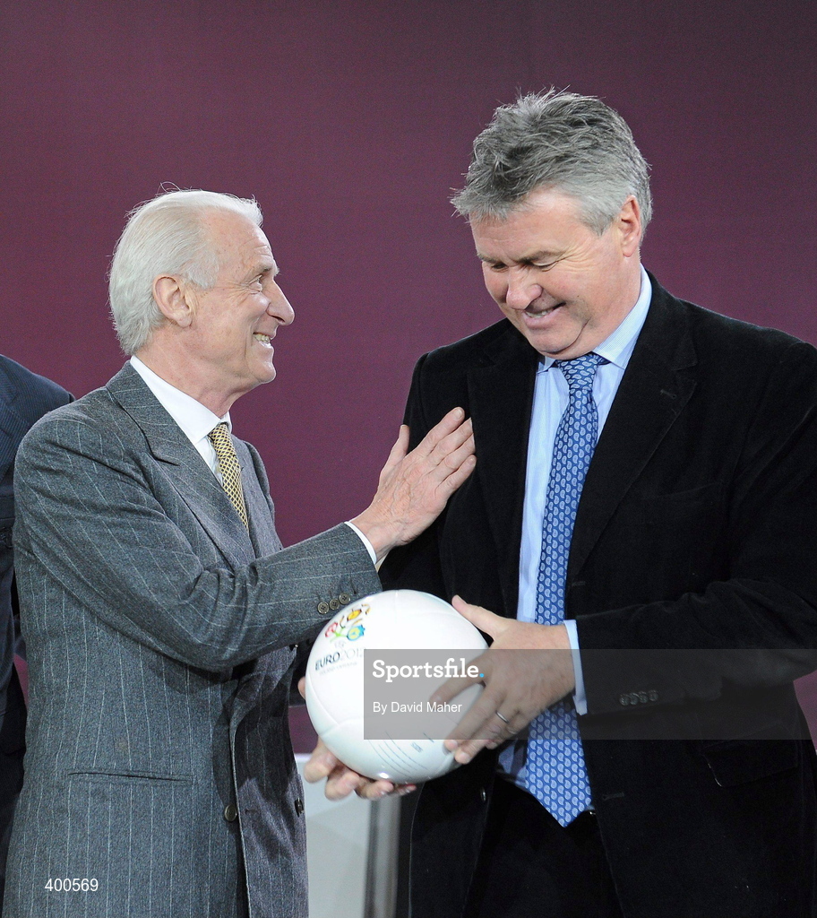 7 February 2010; Republic of Ireland manager Giovanni Trapattoni with Russian head coach Guus Hiddink at the end of the UEFA European Championship Qualifying Draw. Warsaw's Palace of Culture and Science, Warsaw, Poland. Picture credit: David Maher / SPORTSFILE