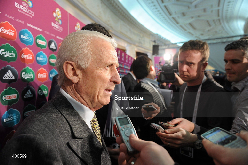 7 February 2010; Republic of Ireland manager Giovanni Trapattoni speaking to members of the press during the mixed zone after the UEFA European Championship Qualifying Draw. Warsaw's Palace of Culture and Science, Warsaw, Poland. Picture credit: David Maher / SPORTSFILE