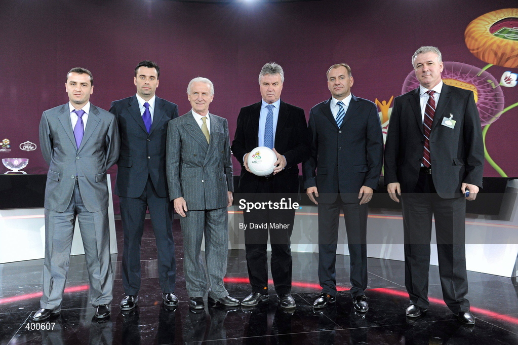 7 February 2010; Group B head coaches left to right,   Vardan Minasyan, Armenia, Koldo Alvarez, Andorra, Giovanni Trapattoni, Republic of Ireland, Guus Hiddink, Russia, Vladimir Weiss, Slovakia, and Mirsad Jonuz, FYR Macedonia during the UEFA European Championship Qualifying Draw. Warsaw's Palace of Culture and Science, Warsaw, Poland. Picture credit: David Maher / SPORTSFILE