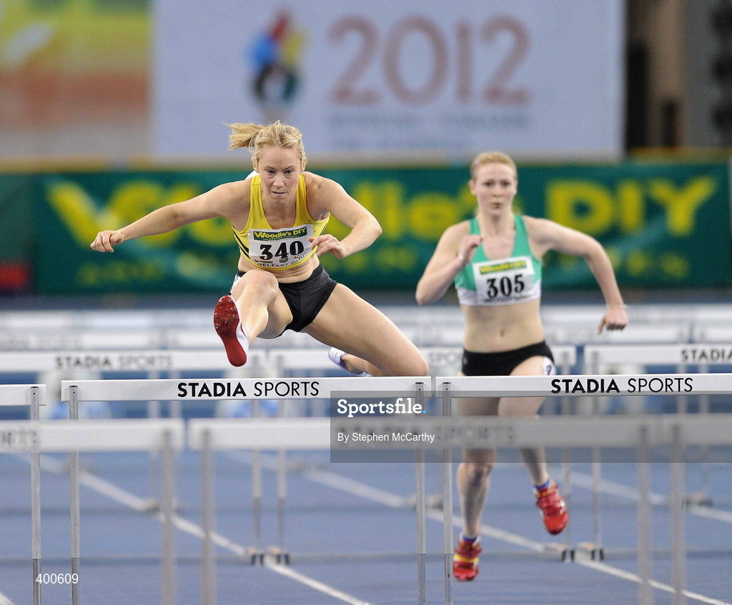 6 February 2010; Derval O'Rourke, Leevale A.C., on her way to winning her heat of the Senior Women's 60m Hurdles during the second day of the Woodie’s DIY Senior Indoor Championships. Odyssey Arena, Belfast, Co. Antrim. Picture credit: Stephen McCarthy / SPORTSFILE