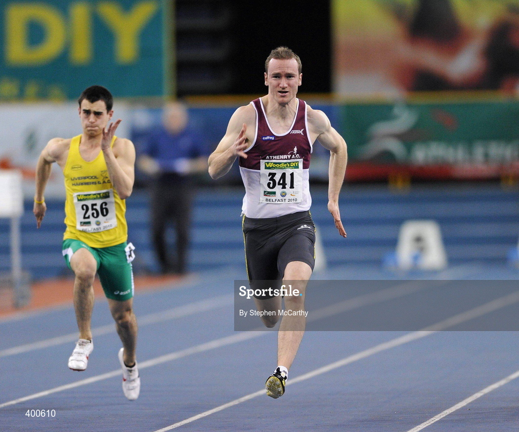 6 February 2010; Paul Hession, Athenry A.C., on his way to winning his heat of the Senior Men's 60m during the second day of the Woodie’s DIY Senior Indoor Championships. Odyssey Arena, Belfast, Co. Antrim. Picture credit: Stephen McCarthy / SPORTSFILE