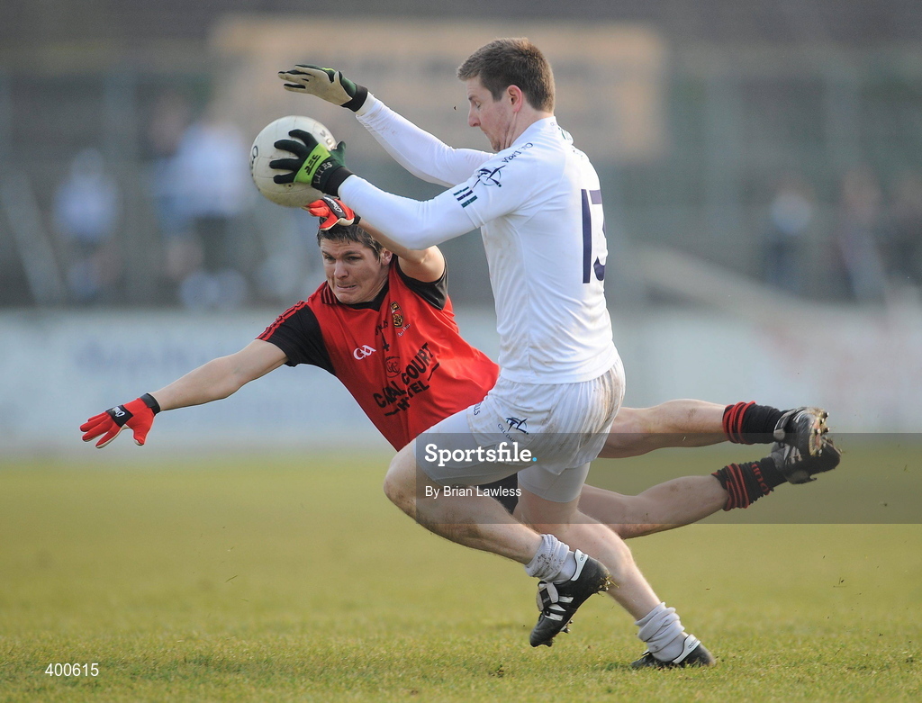 7 February 2010; Damien Rafferty, Down, in action against Karl Ennis,  Kildare. Allianz GAA Football National League, Division 2, Round 1, Kildare v Down. St Conleth's Park, Newbridge, Co. Kildare. Picture credit: Brian Lawless / SPORTSFILE   *** Local Caption ***