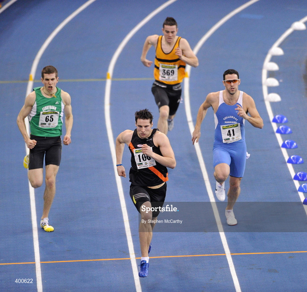 6 February 2010; Brian Gregan, Clonliffe Harries A.C., on his way to winning the Senior Men's 400m Final from Billy Ryan, Ferrybank A.C., 65, Patrick Maher, Leevale A.C., 369, and Gordon Kennedy, Tullamore Harriers A.C., 41, during the second day of the Woodie’s DIY Senior Indoor Championships. Odyssey Arena, Belfast, Co. Antrim. Picture credit: Stephen McCarthy / SPORTSFILE