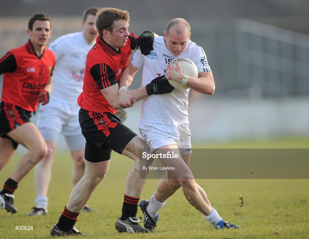 7 February 2010; James Kavanagh, Kildare, in action against Brendan McArdle, Down. Allianz GAA Football National League, Division 2, Round 1, Kildare v Down. St Conleth's Park, Newbridge, Co. Kildare. Picture credit: Brian Lawless / SPORTSFILE