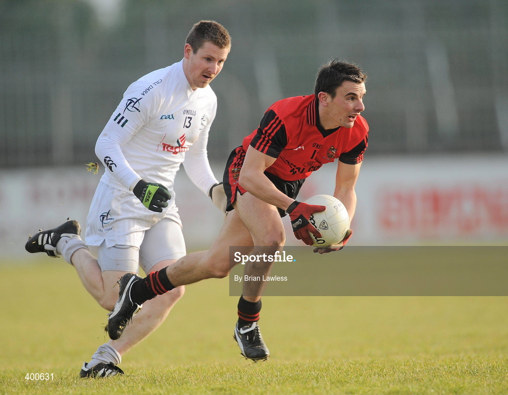 7 February 2010; Daniel Hughes, Down, in action against Karl Ennis,  Kildare. Allianz GAA Football National League, Division 2, Round 1, Kildare v Down. St Conleth's Park, Newbridge, Co. Kildare. Picture credit: Brian Lawless / SPORTSFILE