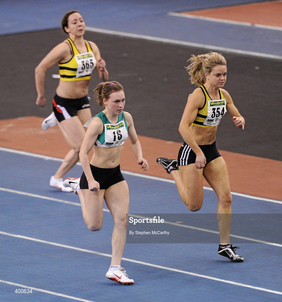 6 February 2010; Niamh Whelan, Ferrybank, 16, on her way to winning her Senior Women's 60m Semi-Final ahead of Ailis McSweeney, Leevale A.C., right, during the second day of the Woodie’s DIY Senior Indoor Championships. Odyssey Arena, Belfast, Co. Antrim. Picture credit: Stephen McCarthy / SPORTSFILE