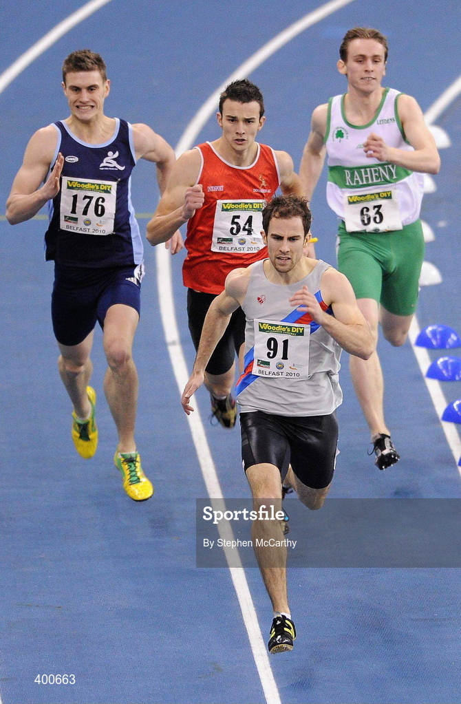 6 February 2010; Nick Hogan, Dundrum South Dublin A.C., on his way to winning the Senior Men's 400m Final during the second day of the Woodie’s DIY Senior Indoor Championships. Odyssey Arena, Belfast, Co. Antrim. Picture credit: Stephen McCarthy / SPORTSFILE