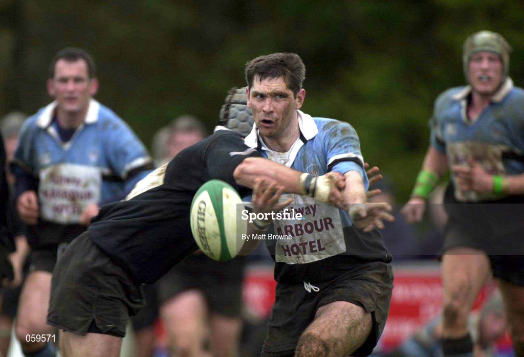 14 April 2001; Willie Rouane of Galwegians is tackled by Rhys Botha of Ballymena during the AIB League Division One match between Ballymena and Galwegians at Ballymena Rugby Club in Antrim. Photo by Matt Browne/Sportsfile