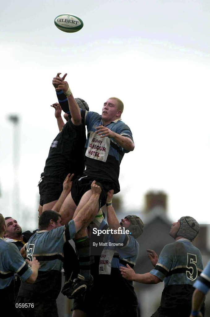 14 April 2001; Michael Swift of Galwegians takes the ball in the line-out ahead of Darryl O'Kane of Ballymena during the AIB League Division One match between Ballymena and Galwegians at Ballymena Rugby Club in Antrim. Photo by Matt Browne/Sportsfile