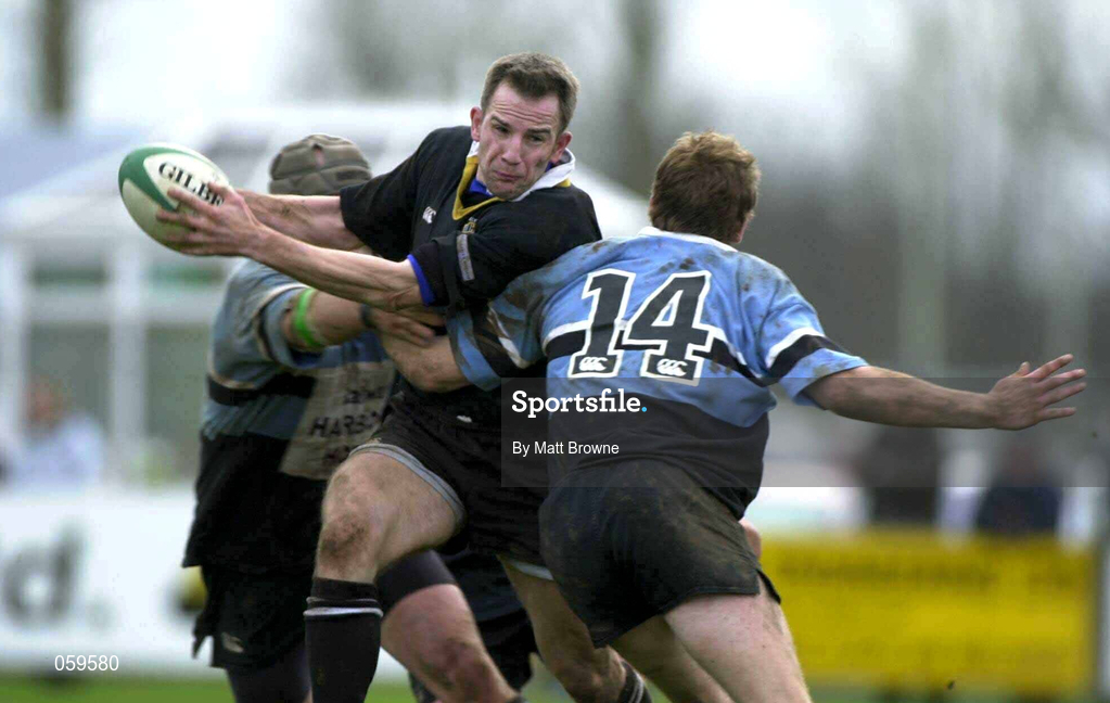 14 April 2001; Stanley McDowell of Ballymena is tackled by Gavin Duffy of Galwegians during the AIB League Division One match between Ballymena and Galwegians at Ballymena Rugby Club in Antrim. Photo by Matt Browne/Sportsfile