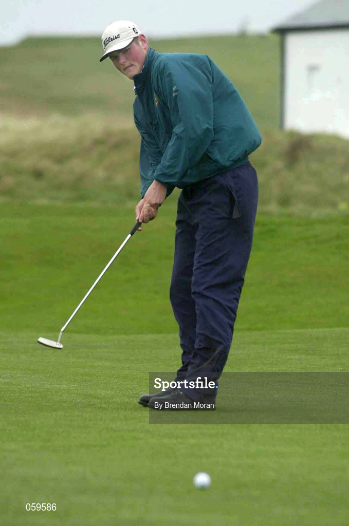 14 April 2001; Philip McLaughlin of Ballyliffin GC watches his putt on the 18th green during the West of Ireland Open Golf Championship at Sligo Golf Club in Rosses Point in Sligo. Photo by Brendan Moran/Sportsfile
