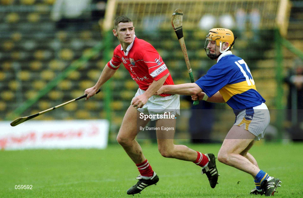 15 April 2001; Mark Prendergast of Cork in action against Liam Cahill of Tipperary during the Allianz GAA National Hurling League Division 1B Round 5 match between Tipperary and Cork at Semple Stadium in Thurles, Tipperary. Photo by Damien Eagers/Sportsfile