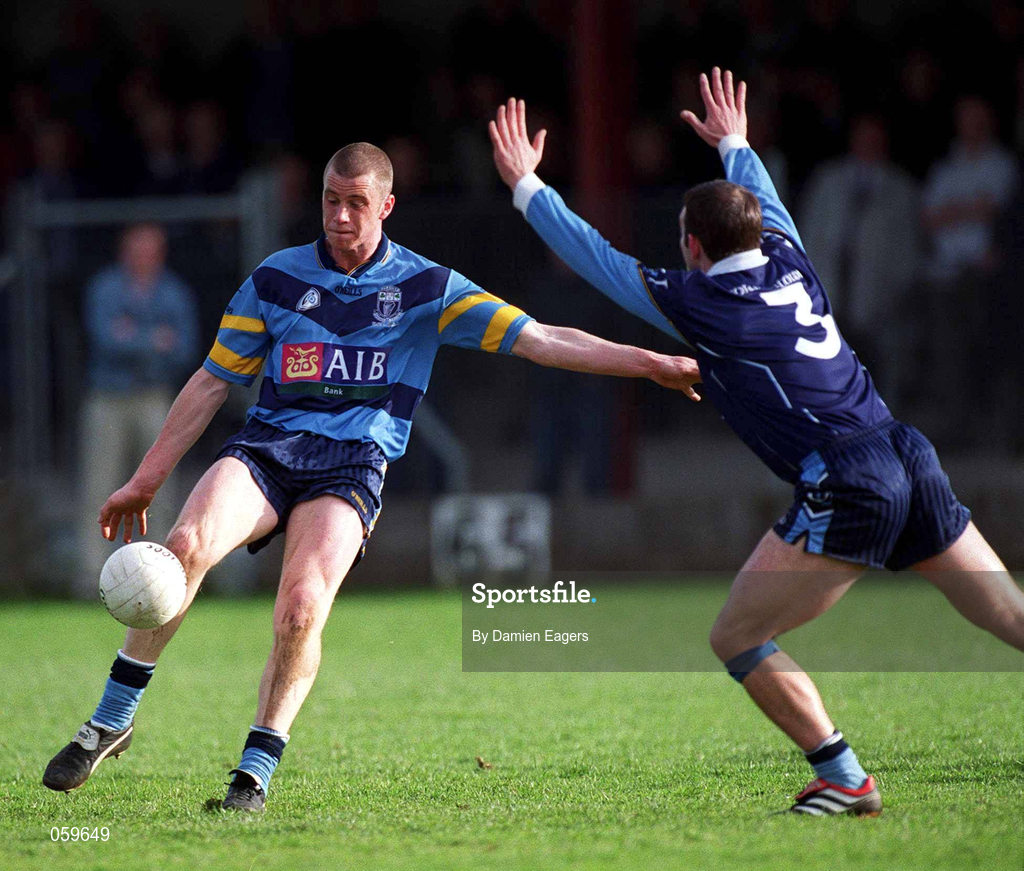11 April 2001; Nigel Crawford of UCD in action against Enda McNulty of UUJ during the Sigerson Cup Final match between UCD and UUJ at Scotstown GAA in Monaghan. Photo by Damien Eagers/Sportsfile