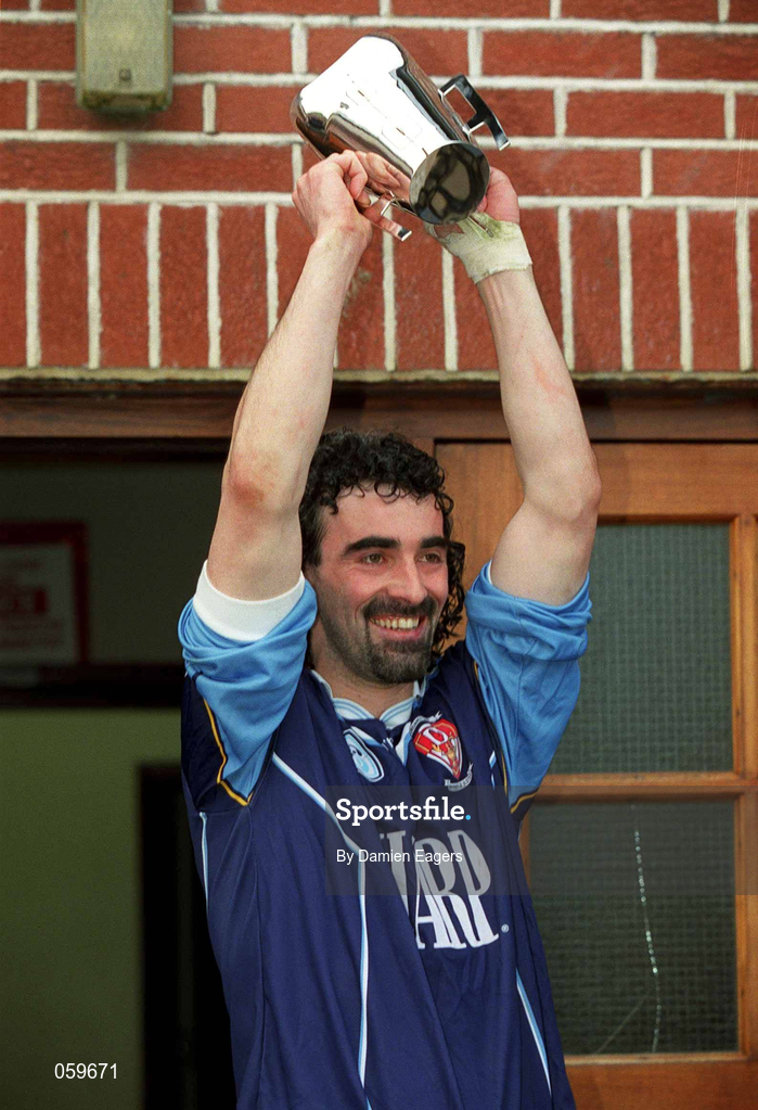 11 April 2001; UUJ captain Jim McGuinness lifts the Sigerson Cup after the Sigerson Cup Final match between UCD and UUJ at Scotstown GAA in Monaghan. Photo by Damien Eagers/Sportsfile