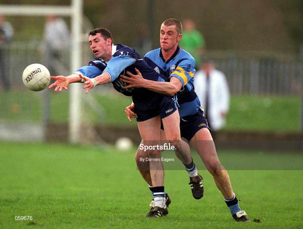 11 April 2001; Raymond Johnston of UUJ in action against Nigel Crawford of UCD during the Sigerson Cup Final match between UCD and UUJ at Scotstown GAA in Monaghan. Photo by Damien Eagers/Sportsfile