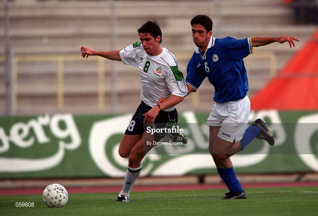 23 March 2001; Michael Reddy of Republic of Ireland in action against Georgios Kkaras of Cyprus during the UEFA European U21 Championship Qualification Group 2 game between Cyprus and Republic of Ireland at the GSZ Stadium in Larnaca, Cyprus. Photo by Damien Eagers/Sportsfile