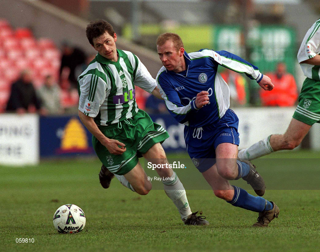 25 March 2001; Paddy McGranahan of Finn Harps in action against Colm Tresson of Bray Wanderers during the Eircom League Premier Division match between Bray Wanderers and Finn Harps at the Carlisle Grounds in Bray, Wicklow. Photo by Ray Lohan/Sportsfile