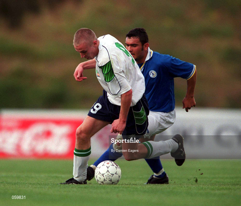 23 March 2001; Richie Foran of Republic of Ireland in action against Christos Theofilov of Cyprus during the UEFA European U21 Championship Qualification Group 2 game between Cyprus and Republic of Ireland at the GSZ Stadium in Larnaca, Cyprus. Photo by Damien Eagers/Sportsfile