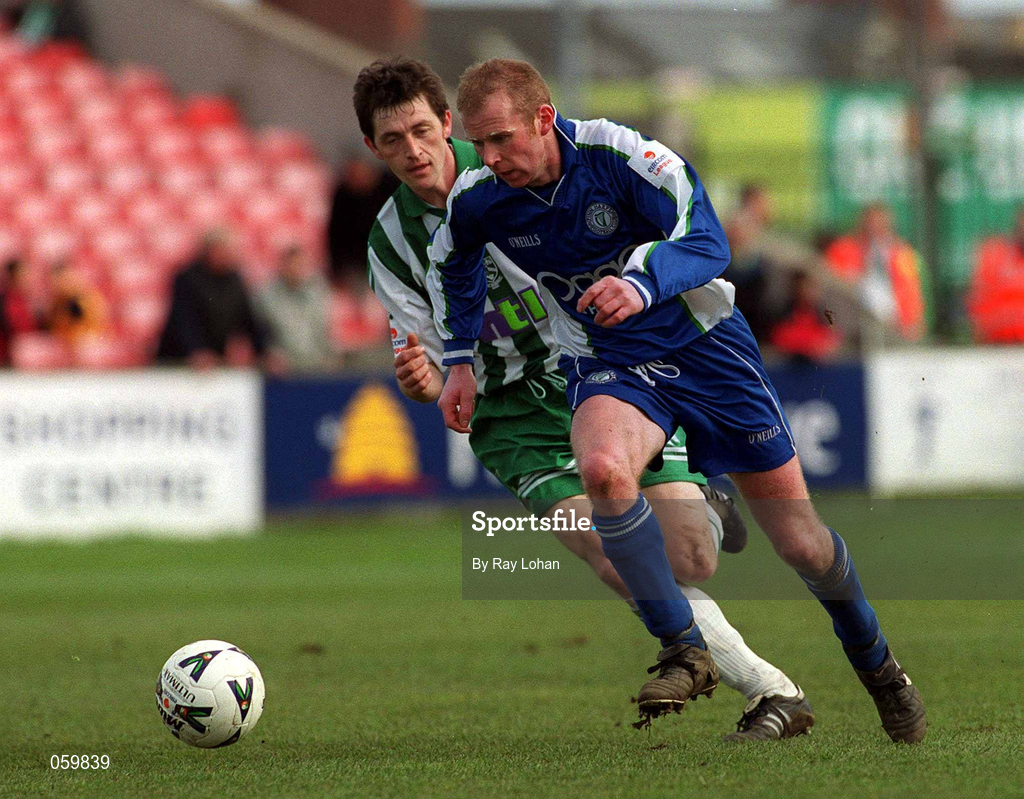 25 March 2001; Paddy McGranahan of Finn Harps in action against Colm Tresson of Bray Wanderers during the Eircom League Premier Division match between Bray Wanderers and Finn Harps at the Carlisle Grounds in Bray, Wicklow. Photo by Ray Lohan/Sportsfile