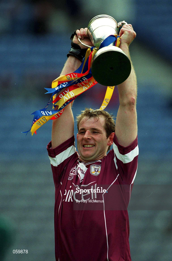 16 April 2001; Athenry captain Joe Rabbitte lifts the Tommy Moore Cup after the AIB All-Ireland Senior Club Hurling Championship Final match between Athenry and Graigue Ballycallan at Croke Park in Dublin. Photo by Ray McManus/Sportsfile