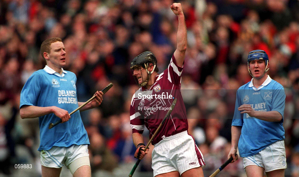 16 April 2001; Joe Rabbitte of Athenry celebrates scoring a goal as James Ryall, left, and Paddy O'Dwyer of Graigue Ballycallan look on during the AIB All-Ireland Senior Club Hurling Championship Final match between Athenry and Graigue Ballycallan at Croke Park in Dublin. Photo by Damien Eagers/Sportsfile