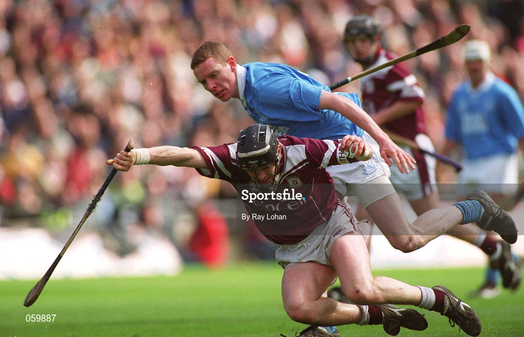 16 April 2001; Eugene Cloonan of Athenry is tackled by James Ryall of Graigue Ballycallan during the AIB All-Ireland Senior Club Hurling Championship Final match between Athenry and Graigue Ballycallan at Croke Park in Dublin. Photo by Ray Lohan/Sportsfile