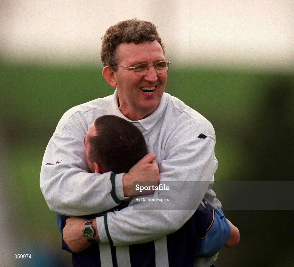 11 April 2001; UUJ manager Adrian McGuckian celebrates victory with Martin O'Rourke after the Sigerson Cup Final match between UCD and UUJ at Scotstown GAA in Monaghan. Photo by Damien Eagers/Sportsfile