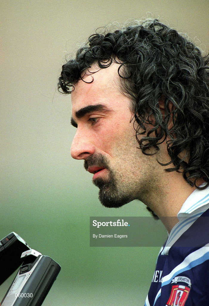 11 April 2001; UUJ captain Jim McGuinness is interviewed after the Sigerson Cup Final match between UCD and UUJ at Scotstown GAA in Monaghan. Photo by Damien Eagers/Sportsfile