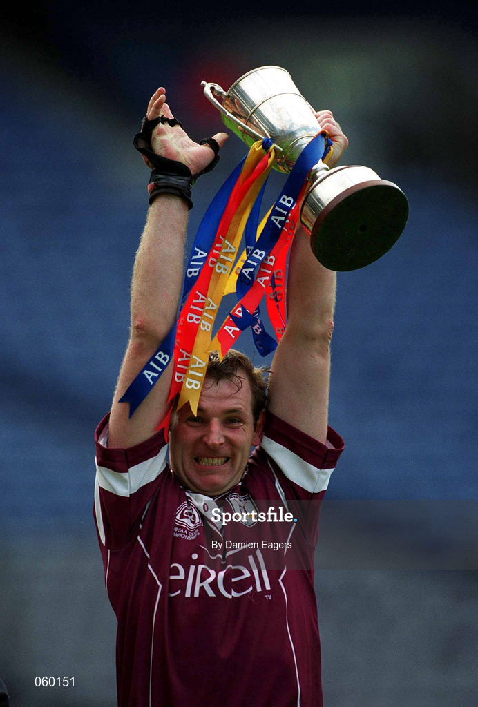 16 April 2001; Athenry captain Joe Rabbitte lifts the Tommy Moore Cup after the AIB All-Ireland Senior Club Hurling Championship Final match between Athenry and Graigue Ballycallan at Croke Park in Dublin. Photo by Damien Eagers/Sportsfile