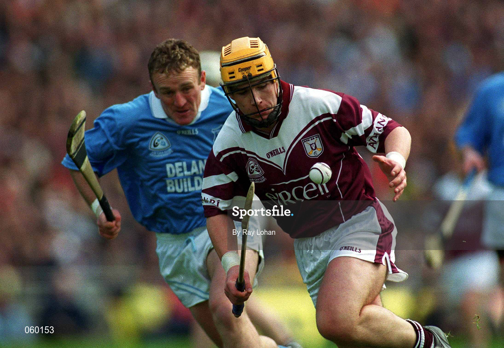 16 April 2001; Donal Moran of Athenry in action against Johnny Butler of Graigue Ballycallan during the AIB All-Ireland Senior Club Hurling Championship Final match between Athenry and Graigue Ballycallan at Croke Park in Dublin. Photo by Ray Lohan/Sportsfile