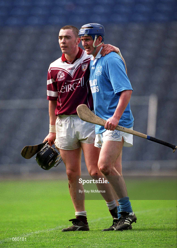 16 April 2001; Eugene Cloonan of Athenry, with Paddy O'Dwyer of Graigue Ballycallan at the final whistle of normal time during the AIB All-Ireland Senior Club Hurling Championship Final match between Athenry and Graigue Ballycallan at Croke Park in Dublin. Photo by Ray McManus/Sportsfile