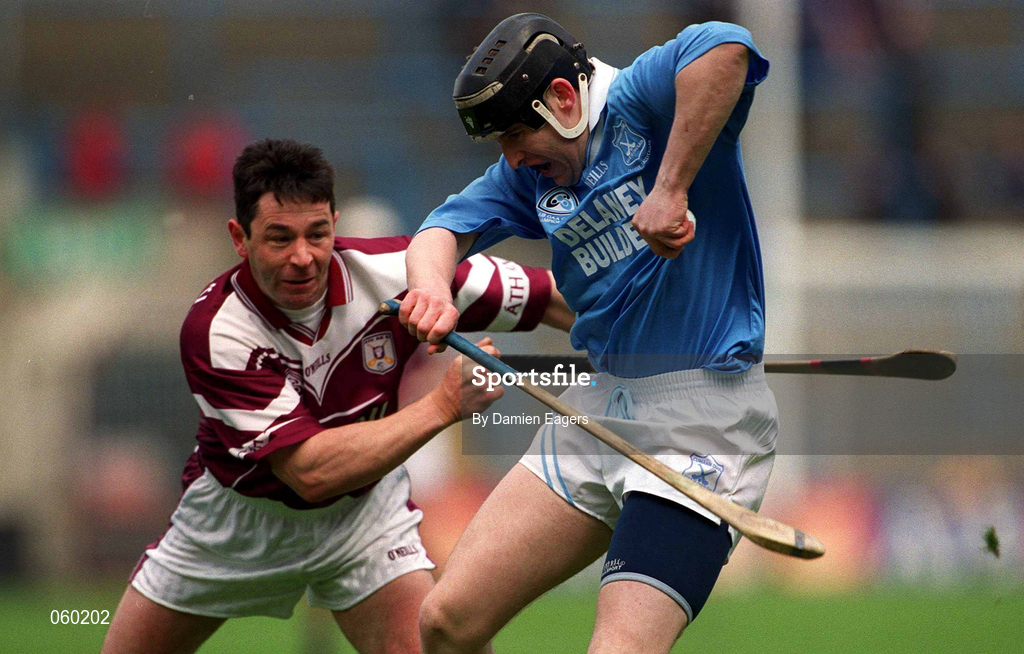 16 April 2001; James Young of Graigue Ballycallan in action against Pat Higgins of Athenry during the AIB All-Ireland Senior Club Hurling Championship Final match between Athenry and Graigue Ballycallan at Croke Park in Dublin. Photo by Damien Eagers/Sportsfile