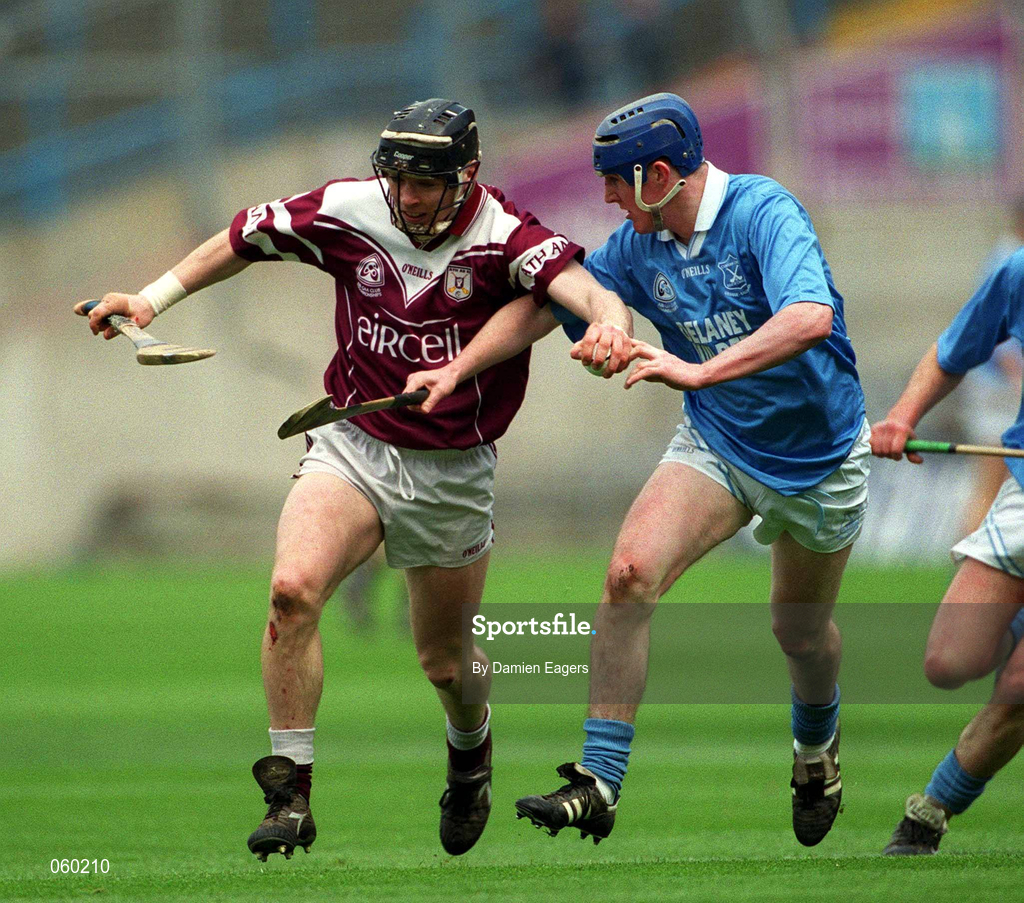16 April 2001; Eugene Cloonan of Athenry in action against Paddy O'Dwyer of Graigue Ballycallan during the AIB All-Ireland Senior Club Hurling Championship Final match between Athenry and Graigue Ballycallan at Croke Park in Dublin. Photo by Damien Eagers/Sportsfile