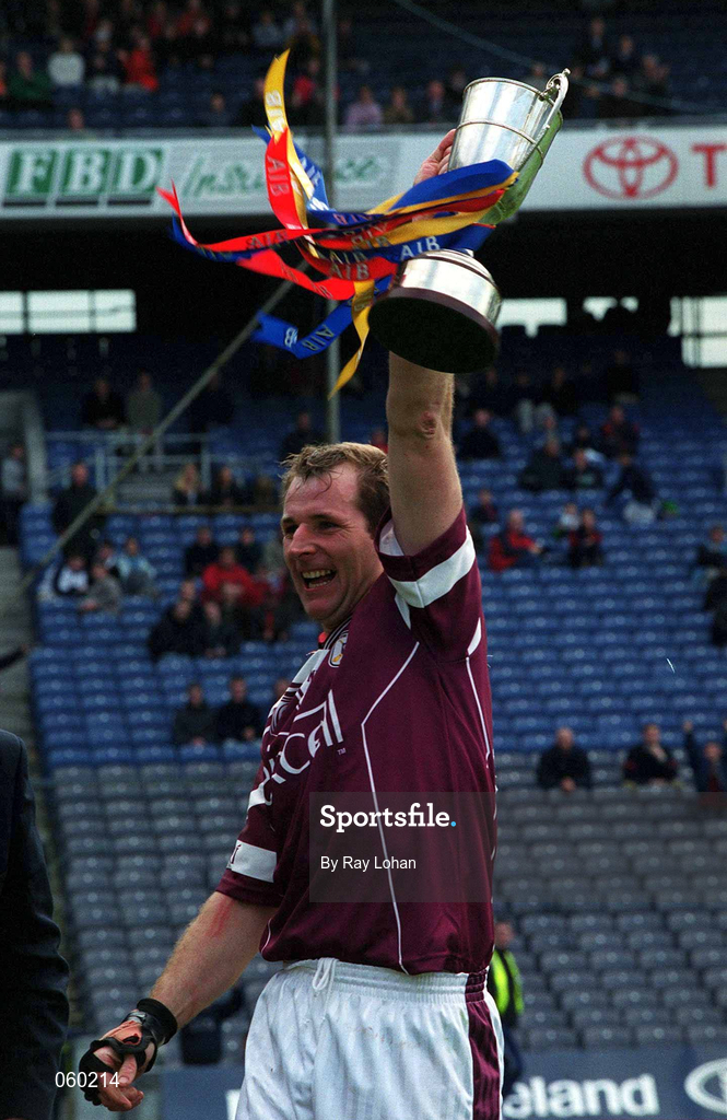16 April 2001; Athenry captain Joe Rabbitte lifts the Tommy Moore Cup after the AIB All-Ireland Senior Club Hurling Championship Final match between Athenry and Graigue Ballycallan at Croke Park in Dublin. Photo by Ray Lohan/Sportsfile